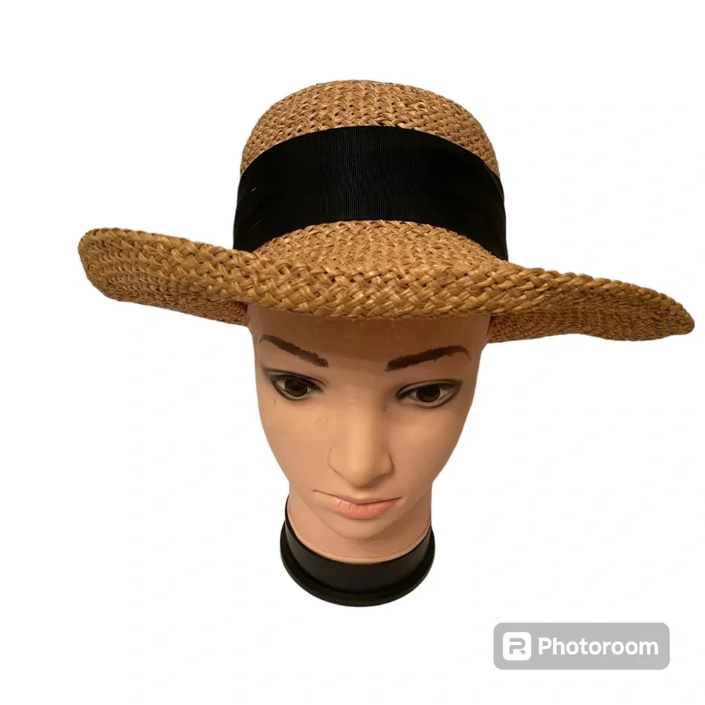 NEW YORK HAT & CAP CO HAT TAN STRAW BLACK GROSGRAIN RIBBON BOW WIDE BRIM USA